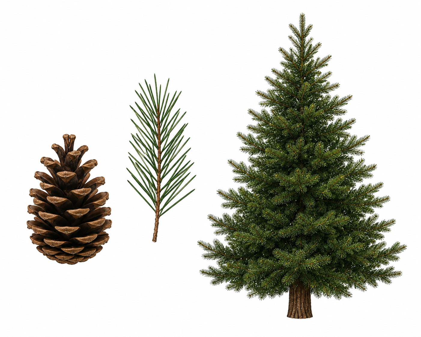 Compoziție pe alb cu un con brun cu solzi deschiși în stânga, o ramură cu ace lungi la mijloc și un conifer verde în dreapta.