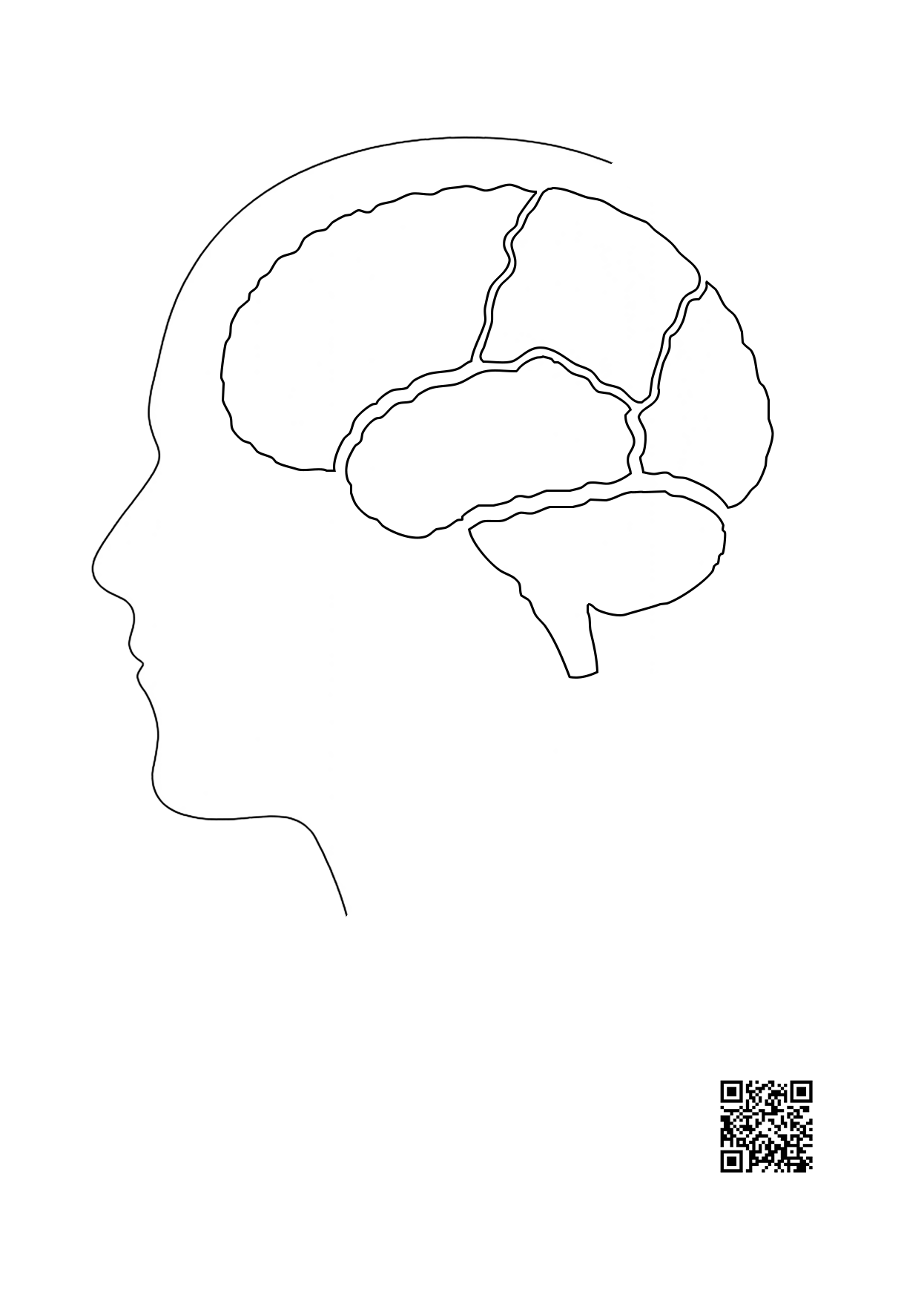 Profil de cap spre stânga, cu patru lobi cerebrali conturați și o regiune inferioară cu cerebel și prelungire în jos; cod QR jos, în dreapta.