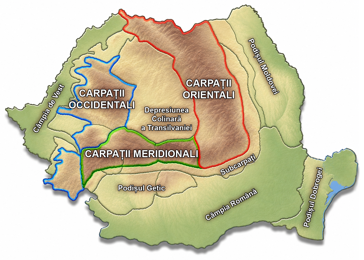 Harta României cu zece unități de relief etichetate și contururi albastre la Occidentali, roșii la Orientali și verzi la Meridionali.