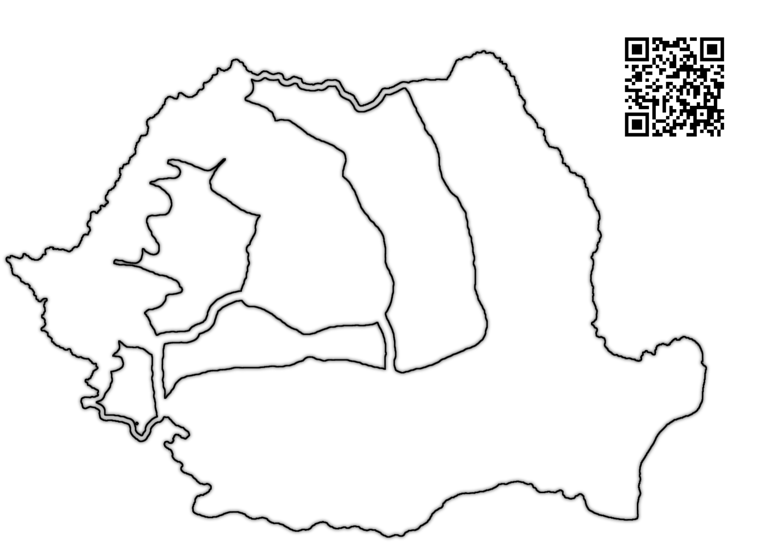 Harta României cu contur exterior și limite accentuate ale grupelor carpatice, fără etichete; cod QR sus, în dreapta.
