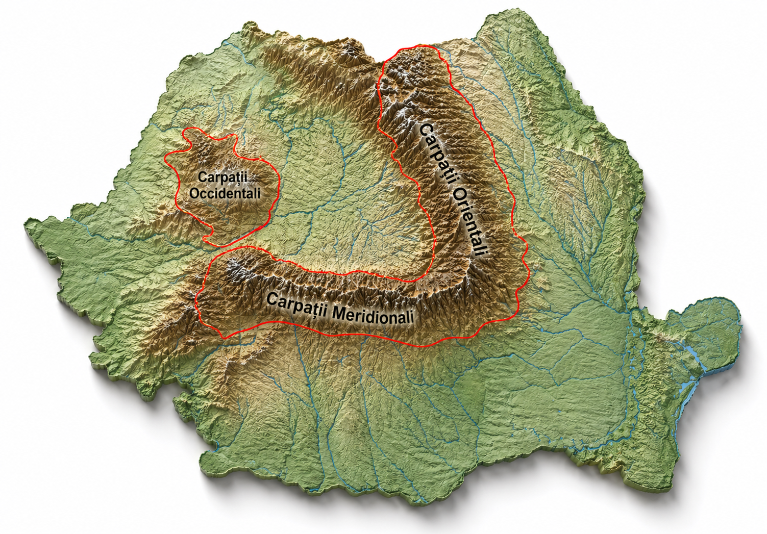 Harta României cu munți bruni, râuri albastre și trei zone montane conturate cu roșu, etichetate Occidentali, Orientali și Meridionali.