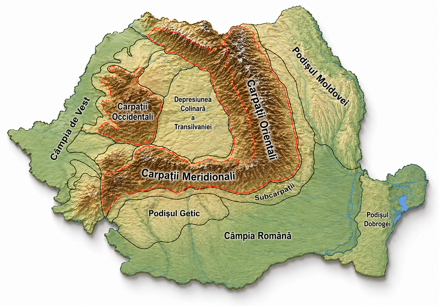 Hartă cu relief umbrit, râuri albastre și etichete pentru zece unități de relief; zonele carpatice sunt evidențiate prin linii roșii.